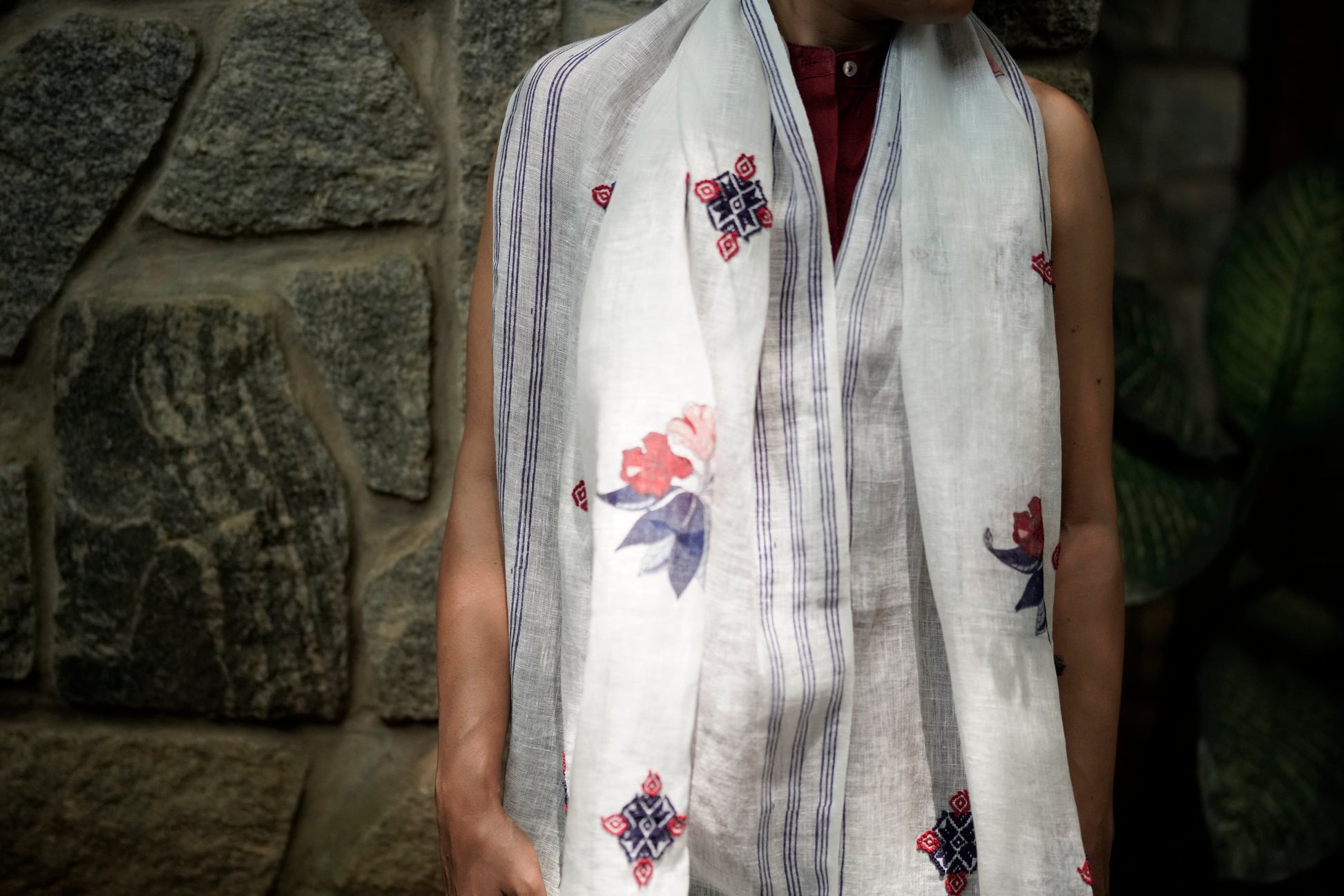 Full drape of Rhododendron Stole 1 showing fine linen fabric, block print, and Toda embroidery