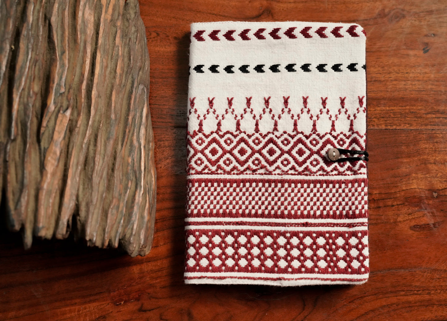 The Nilgiri Journal in Red, GI-tagged Toda hand-embroidered red journal sleeve with A5 ruled notebook