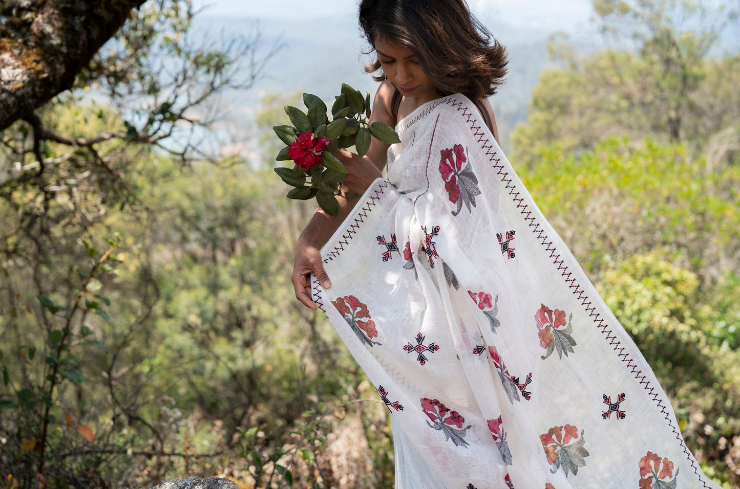 The Rhododendron Saree, Jaipur block-printed rhododendron arboreum pallu with GI-tagged Toda embroidery on fine linen
