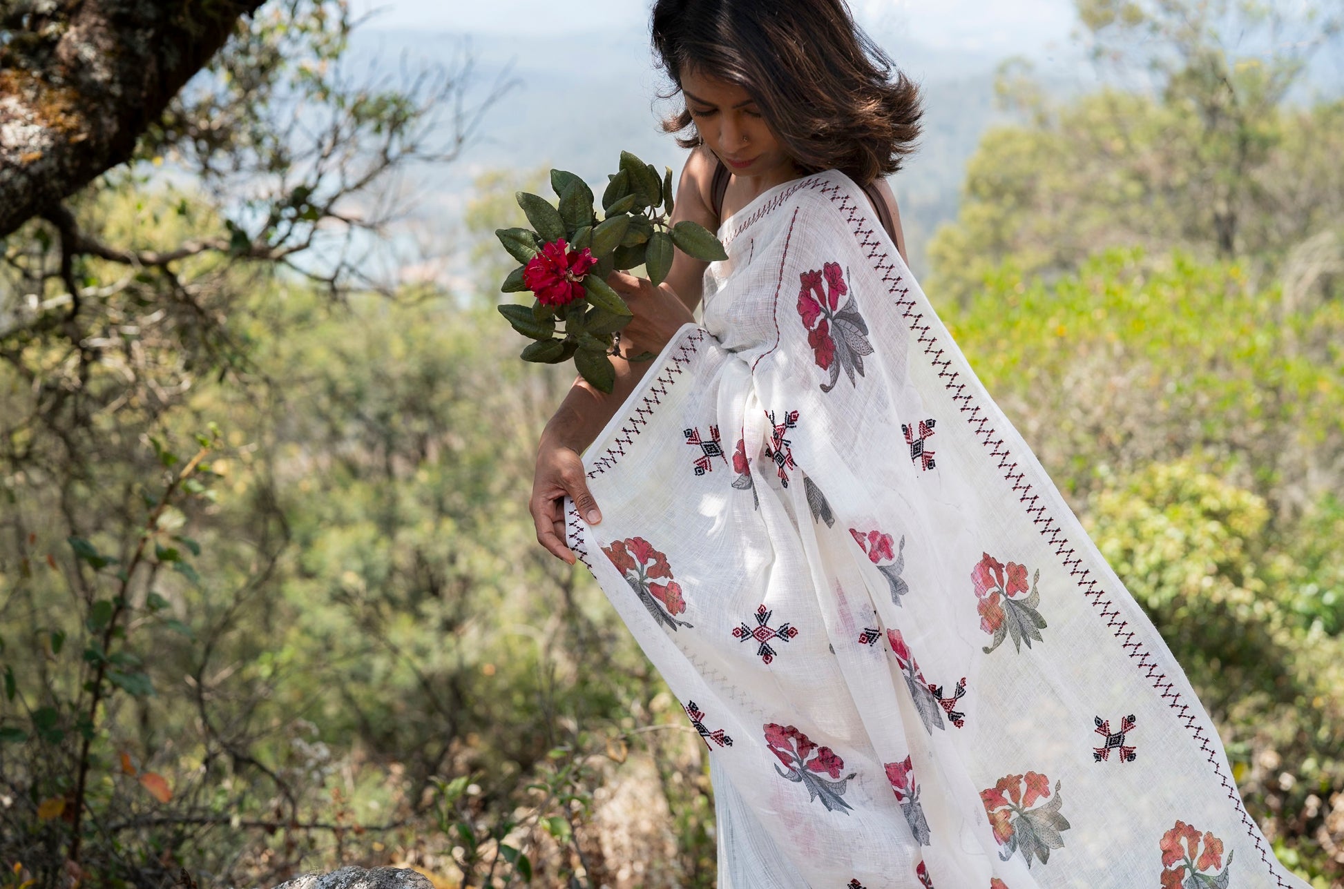 The Rhododendron Saree, Jaipur block-printed rhododendron arboreum pallu with GI-tagged Toda embroidery on fine linen