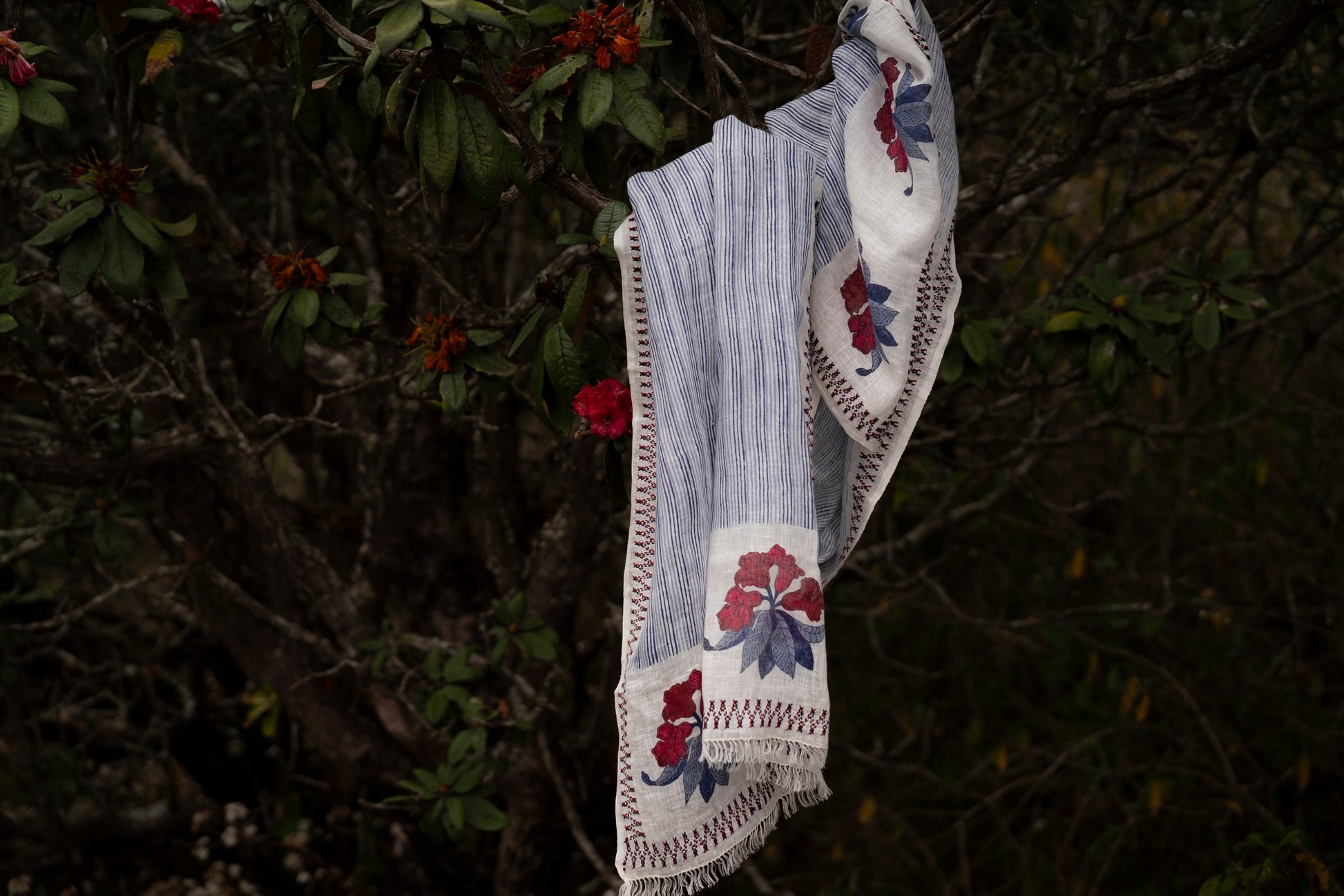 Rhododendron Stole 2, Jaipur block-printed rhododendron edge motif with red GI-tagged Toda embroidery on fine linen