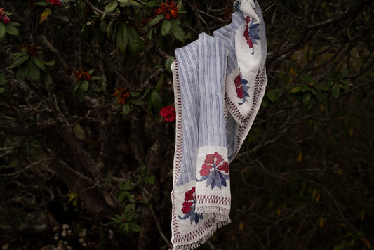 Rhododendron Stole 2, Jaipur block-printed rhododendron edge motif with red GI-tagged Toda embroidery on fine linen