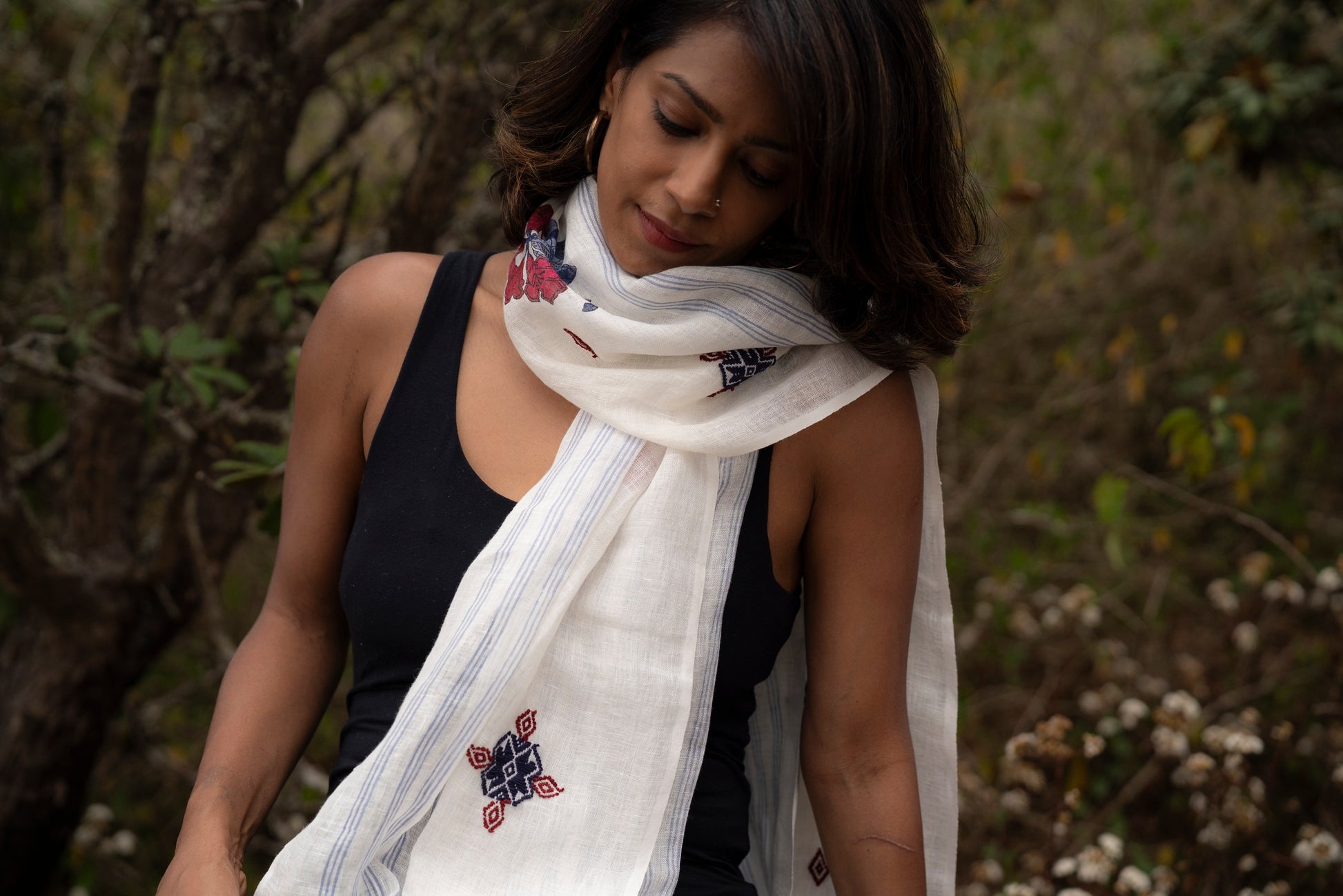 Detail of Toda embroidery border on Rhododendron linen stole, Nilgiri Flora collection