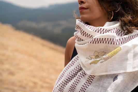 Magnolia Stole 2, Jaipur block-printed Michelia nilagirica on one edge with dense red and navy GI-tagged Toda embroidery