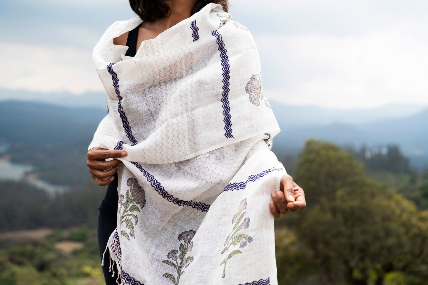 Detail of block-printed strobilanthes kunthianus kurinji motif, the flower that blooms once in 12 years