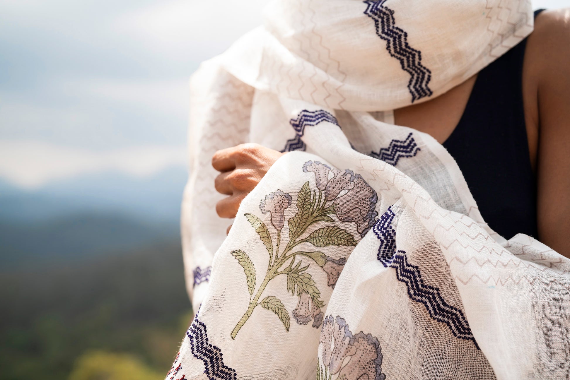 Kurinji Stole 1, Jaipur block-printed kurinji flower in lavender and sage with navy GI-tagged Toda embroidery border