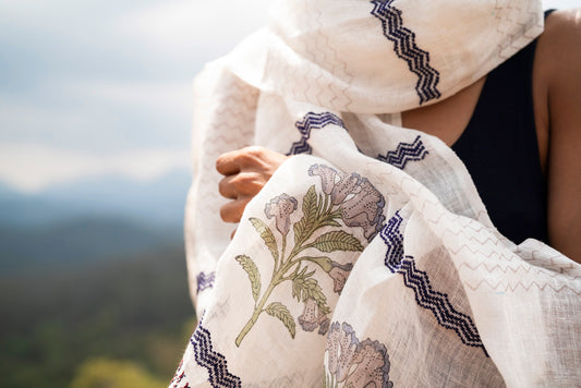 Kurinji Stole 1, Jaipur block-printed kurinji flower in lavender and sage with navy GI-tagged Toda embroidery border