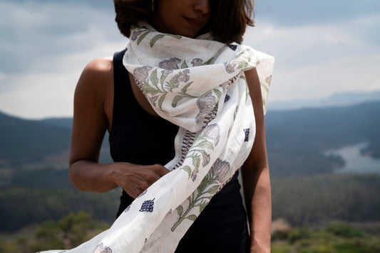 Kurinji Stole 2, scattered Jaipur block-printed kurinji flowers with Toda diamond motifs and GI-tagged embroidery border