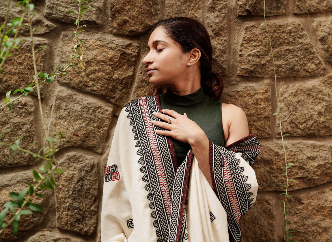 Mishpuum Poof, GI-tagged Toda hand-embroidered oversized luxury Tencel shawl, Nilgiris artisan