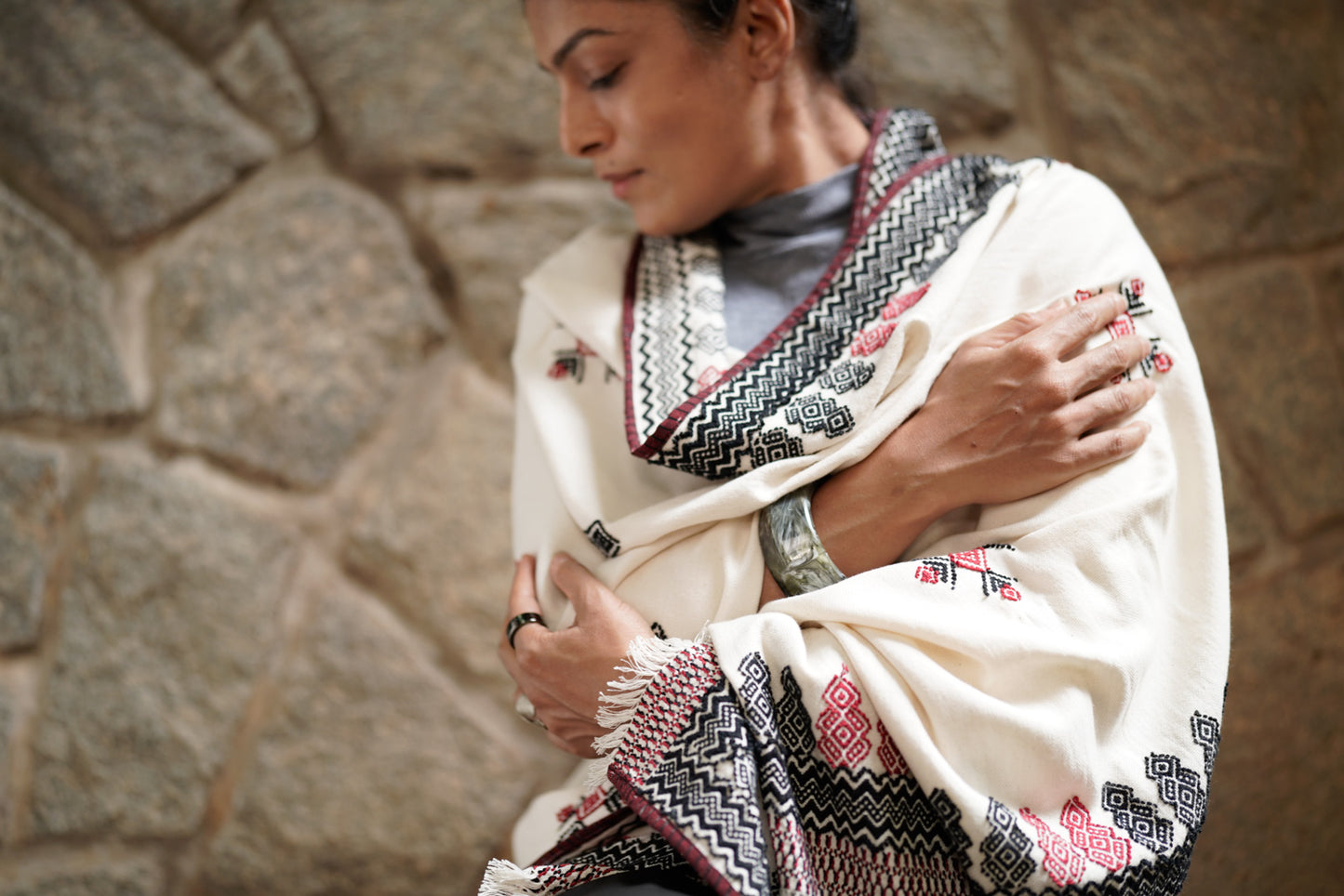 Sacred Grove, GI-tagged Toda hand-embroidered organic cotton shawl, forest botanical motifs, Nilgiris