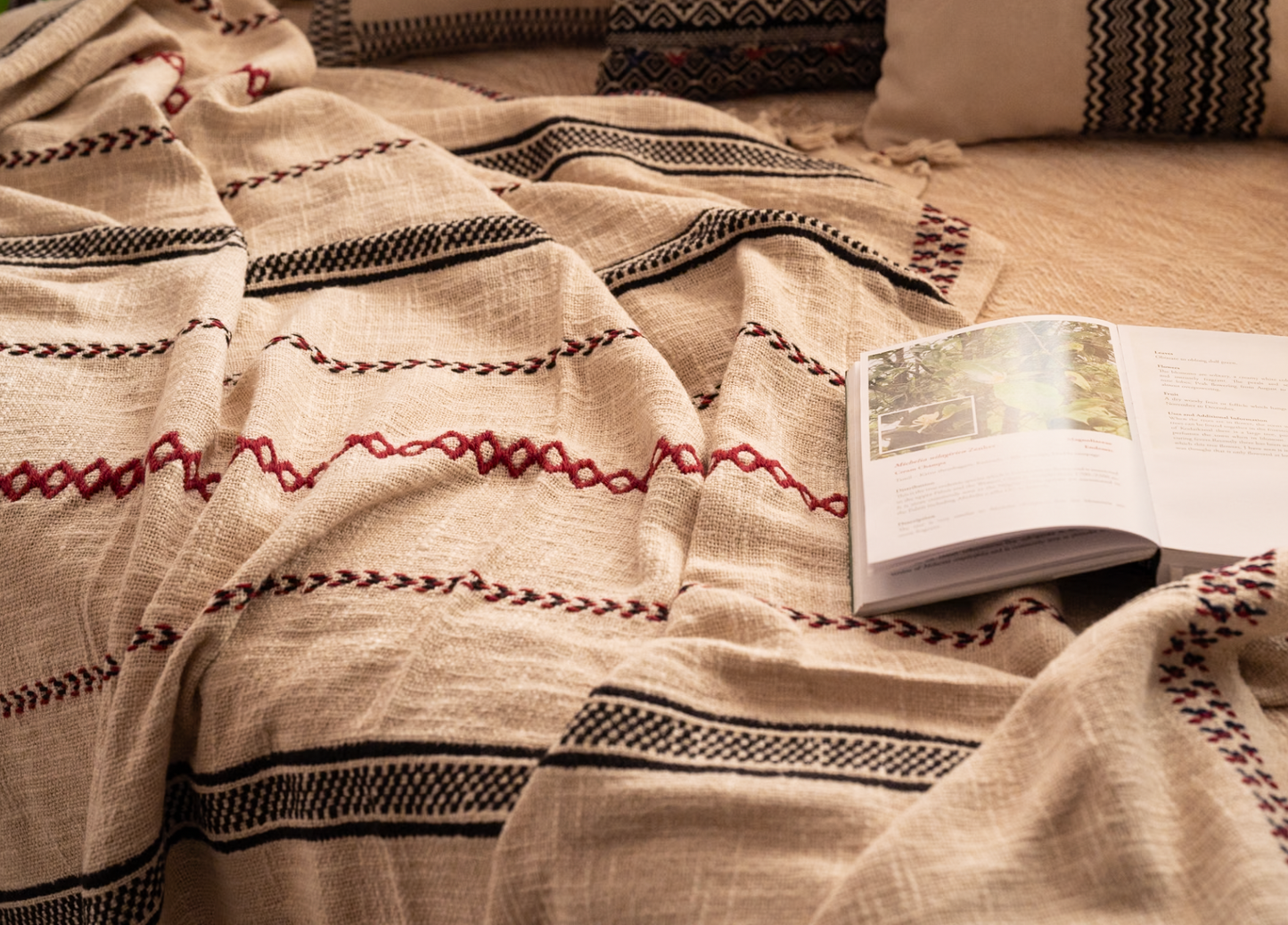 Stillness Throw, GI-tagged Toda hand-embroidered luxury throw in slub cotton with wool yarn embroidery