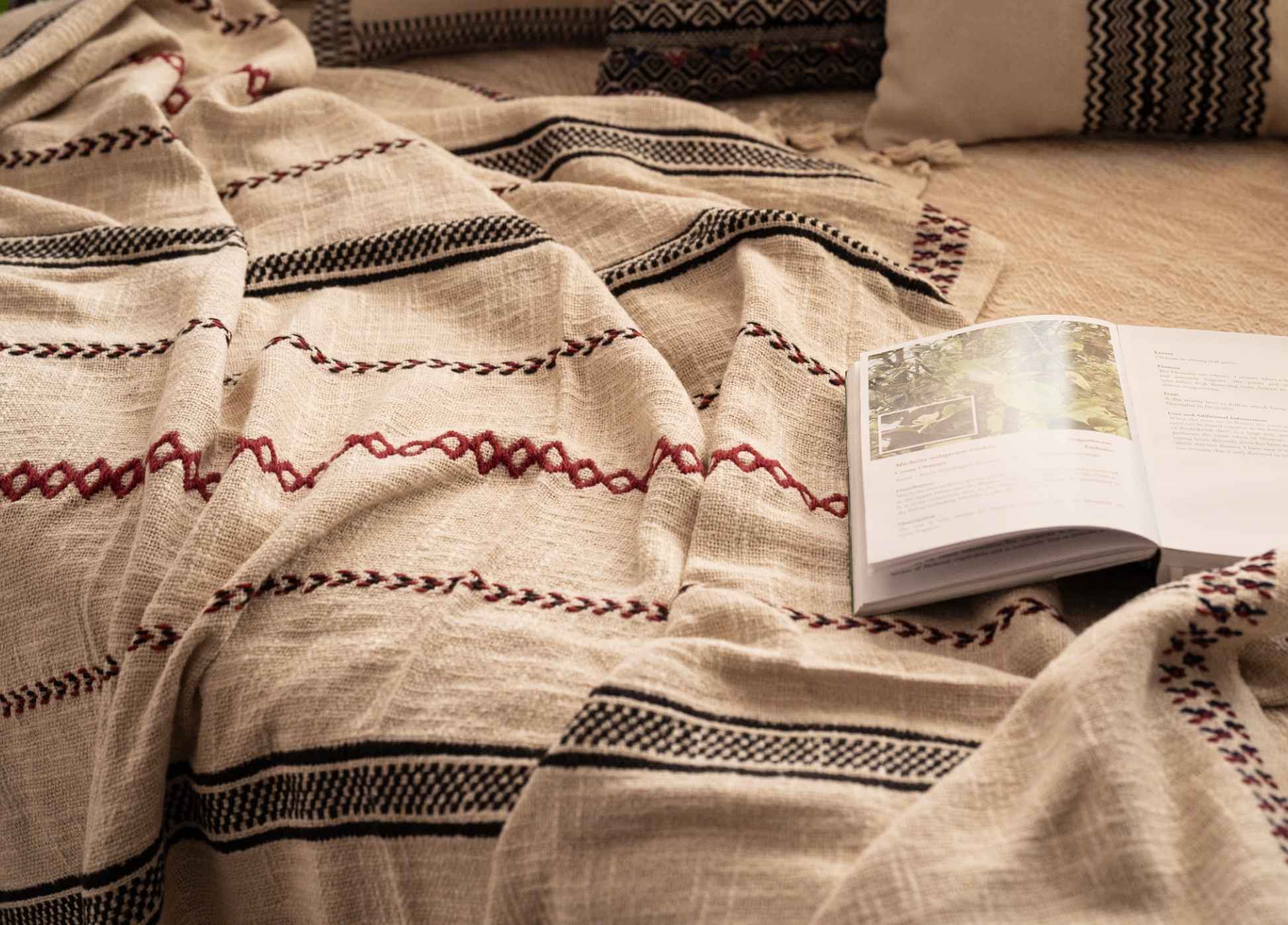 Stillness Throw, GI-tagged Toda hand-embroidered luxury throw in slub cotton with wool yarn embroidery