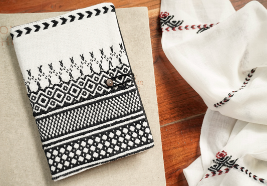 The Nilgiri Journal in Black, GI-tagged Toda hand-embroidered black journal sleeve with A5 ruled notebook