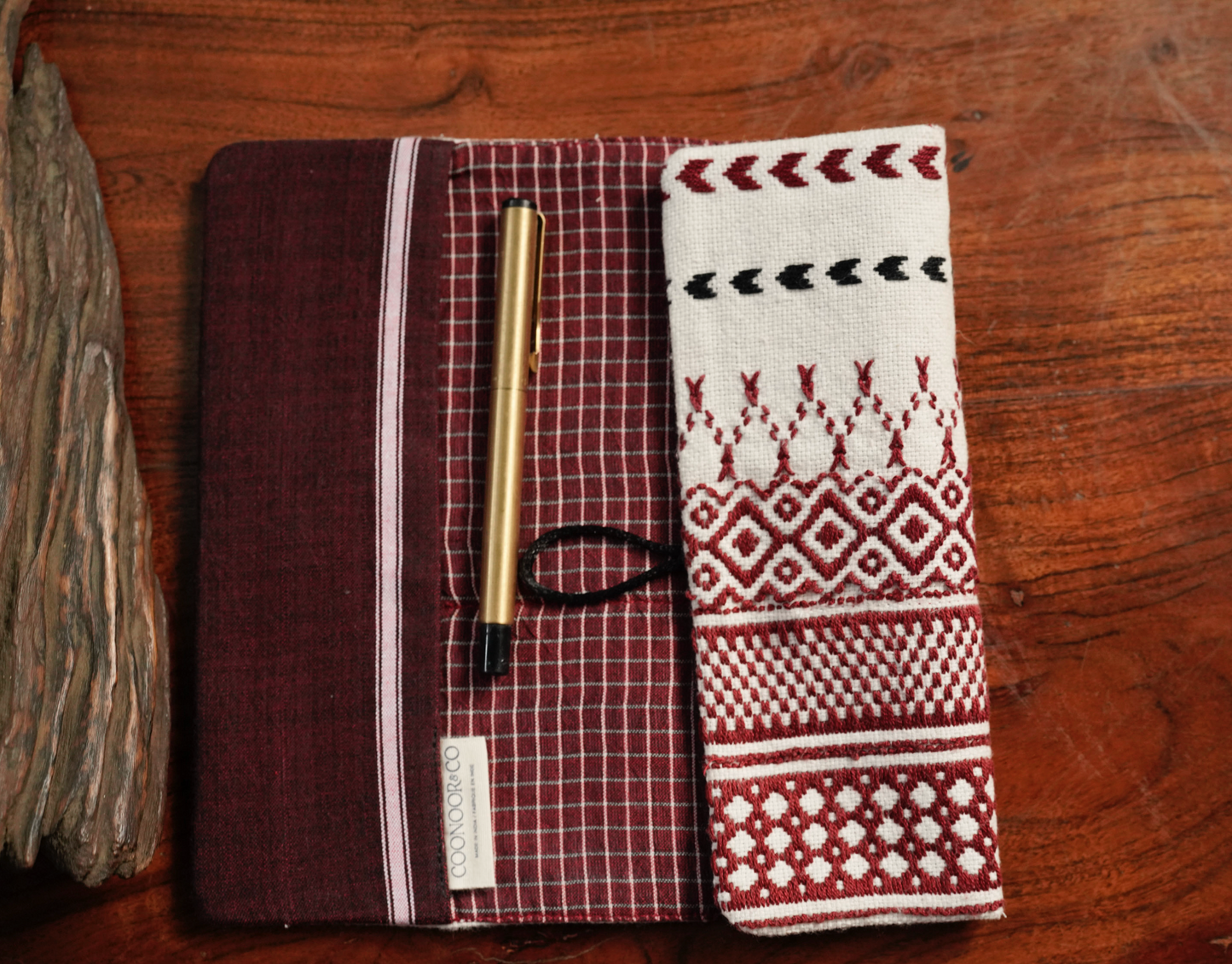 Detail of classic Toda pukhoor embroidery on The Classic Toda Journal sleeve, no two alike