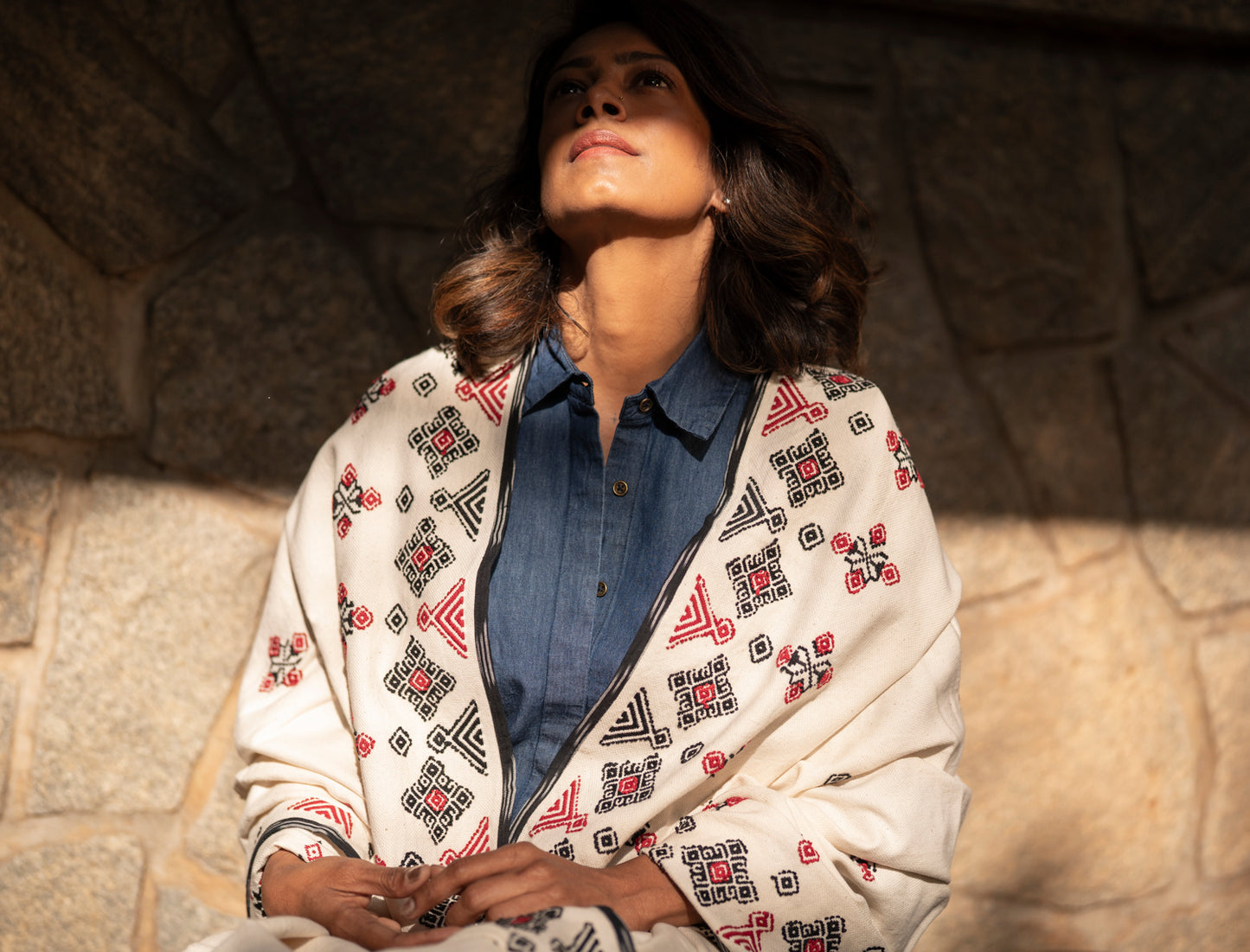Flora, GI-tagged Toda hand-embroidered organic cotton shawl with botanical motifs, Nilgiris artisan