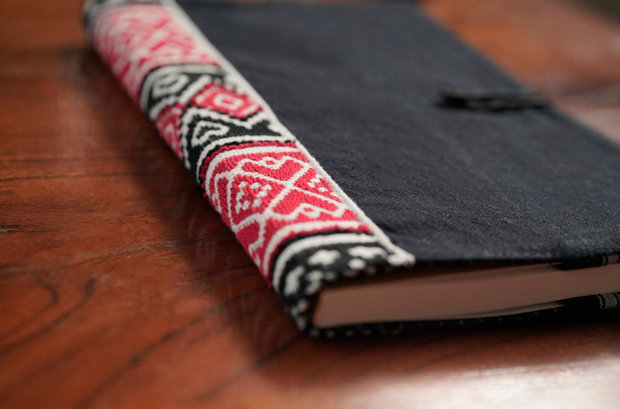 Detail of Toda pukhoor spine embroidery on The Classic Journal sleeve, Nilgiris artisan