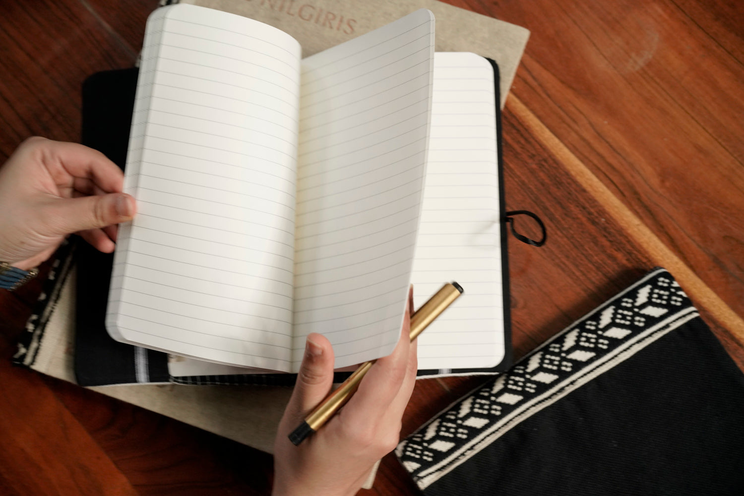 Classic Journal open showing A5 notebook and embroidered spine sleeve, minimal luxury gifting
