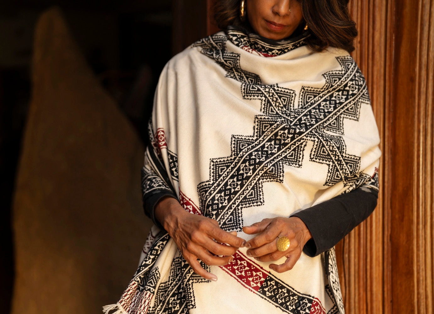 Detail of Toda pukhoor landscape motifs in black and red on organic cotton shawl, Nilgiris artisan