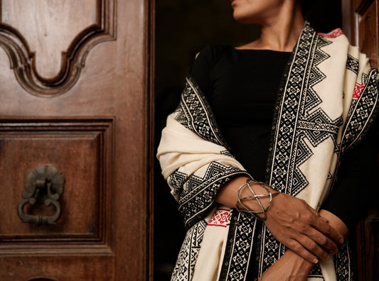Toda Landscape, GI-tagged Toda hand-embroidered organic cotton shawl with Nilgiris landscape motifs