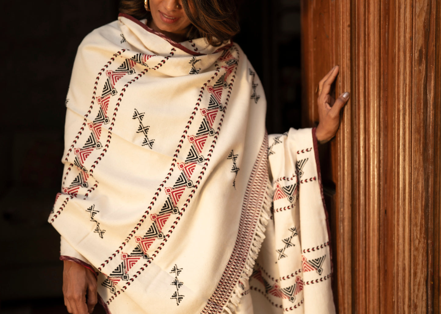 Chevron, GI-tagged Toda hand-embroidered organic cotton shawl with chevron motifs, Nilgiris artisan