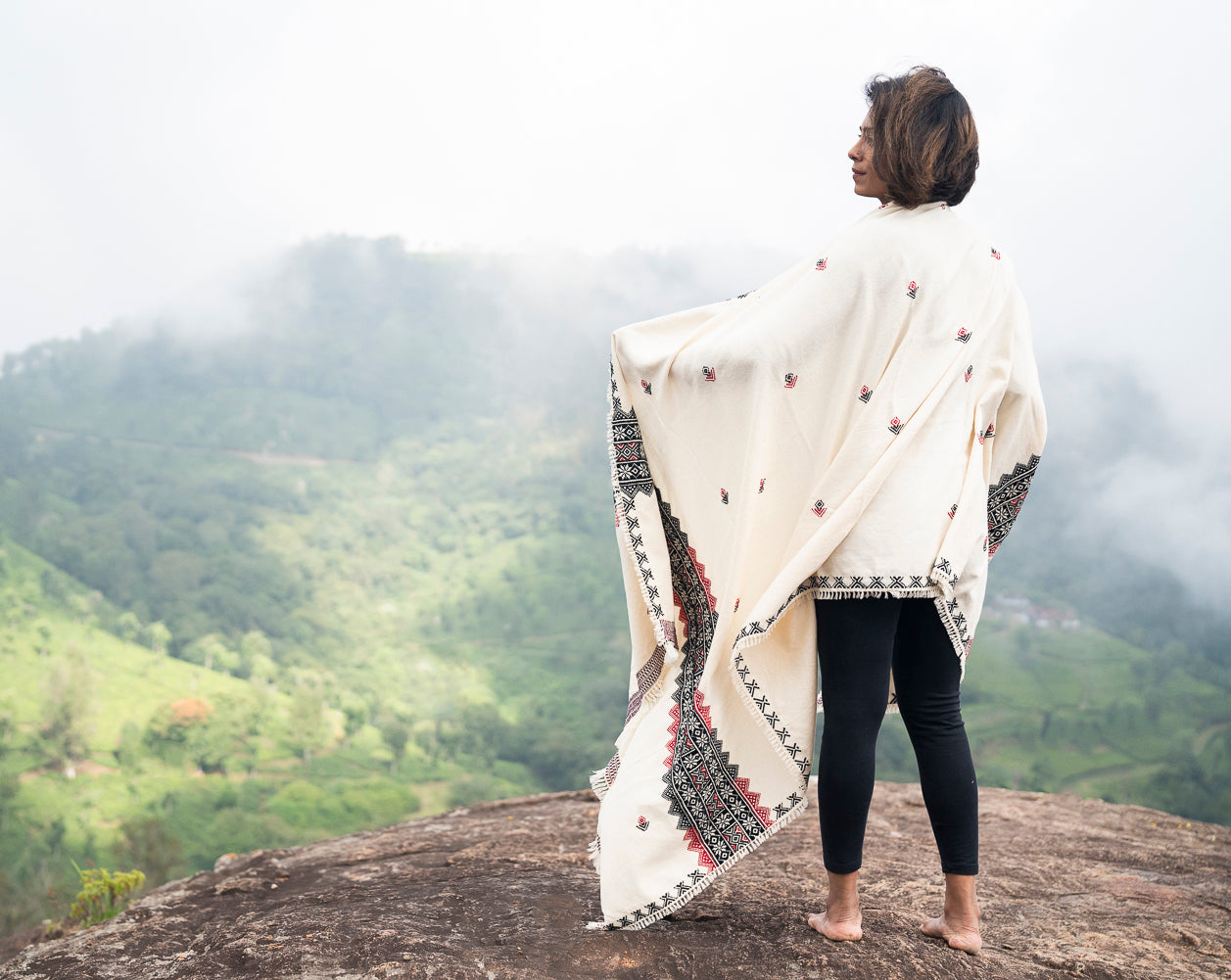 Mawshh, GI-tagged Toda hand-embroidered organic cotton shawl with landscape motifs, Nilgiris artisan
