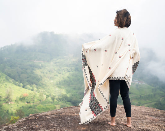 Mawshh, GI-tagged Toda hand-embroidered organic cotton shawl with landscape motifs, Nilgiris artisan