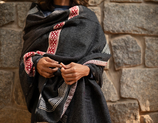 Toda Classic Winter Shawl, GI-tagged Toda hand-embroidered cotton-wool blend in black and red, Nilgiris artisan