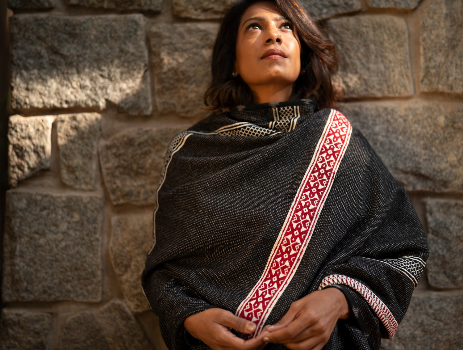 Full drape of Toda Classic Winter Shawl showing weight and texture of cotton-wool blend