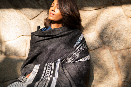 Winter Weave Sun, GI-tagged Toda hand-embroidered cotton-wool shawl with sun-inspired pukhoor motifs