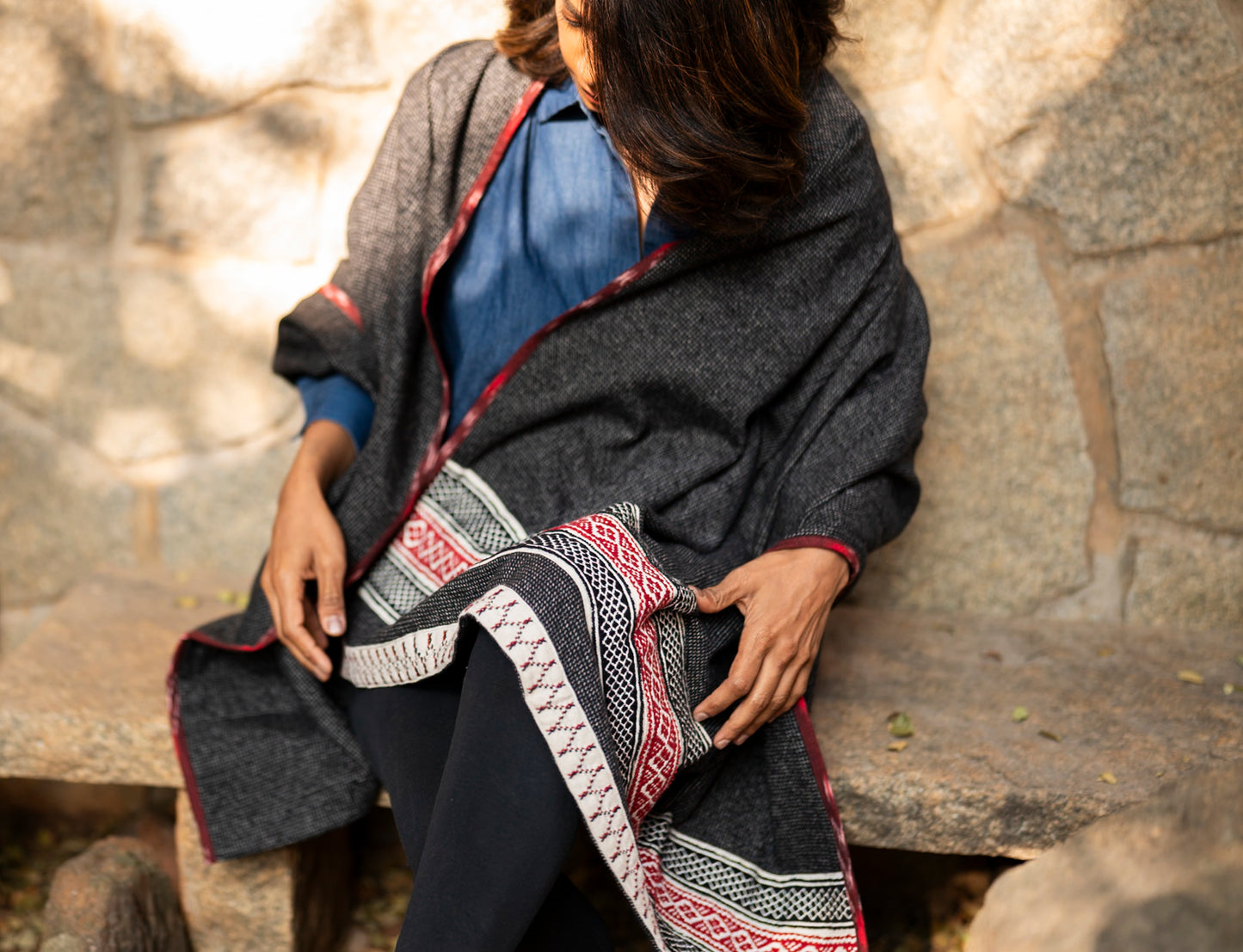 Full drape of Winter Weave Honeycomb shawl showing geometric honeycomb borders