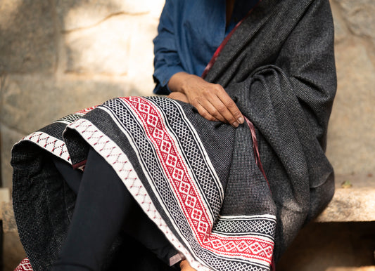 Winter Weave Honeycomb, GI-tagged Toda hand-embroidered cotton-wool shawl with honeycomb pukhoor motifs